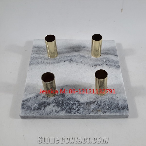 Square Grey Marble Candlestick Holder with Golden Pipes
