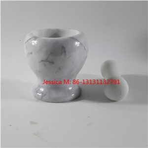 White with Grey Veins Round Marble Mortar and Pestle /Popular Polished White Marble Mortar and Pestle Marble Kitchenware Stone Cooking Tool