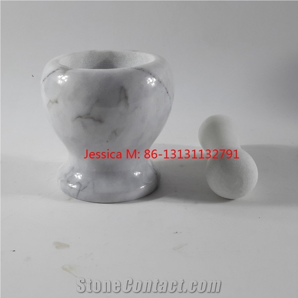 White with Grey Veins Round Marble Mortar and Pestle /Popular Polished White Marble Mortar and Pestle Marble Kitchenware Stone Cooking Tool