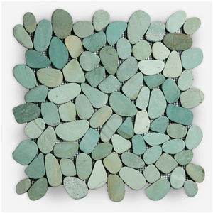 Indonesia Green Pebbles Mosaic Tiles, Green Beach Pebbles Mosaic for Wall and Floor Mosaic, Green Pebbles Wall Mosaic Pattern