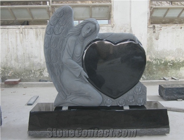 Shanxi Black Granite Western Style Tombstone Angel with Heart Monuments