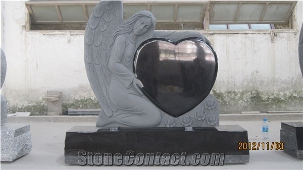 Shanxi Black Granite Western Style Tombstone Angel with Heart Monuments