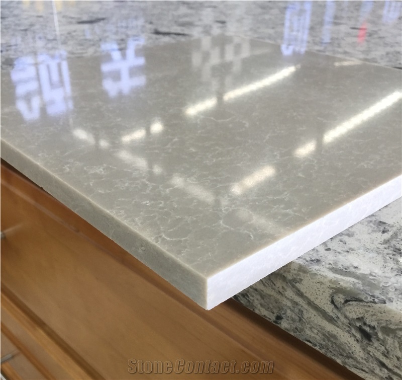 Natural Marble Look Light Brown Color with White Veined Lines Quartz Stone Polished Surfaces for Floorings with Scratch Resistant and Stain Resistant Quality Guaranteed
