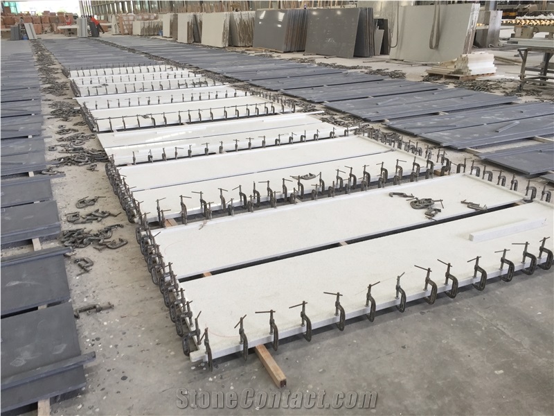 Pure Color White Quartz Artificial Stone Manmade From Guangdong 3200*1600 or 3000*1400 for Pre-Fabricated Tops with Various Edge Profiles