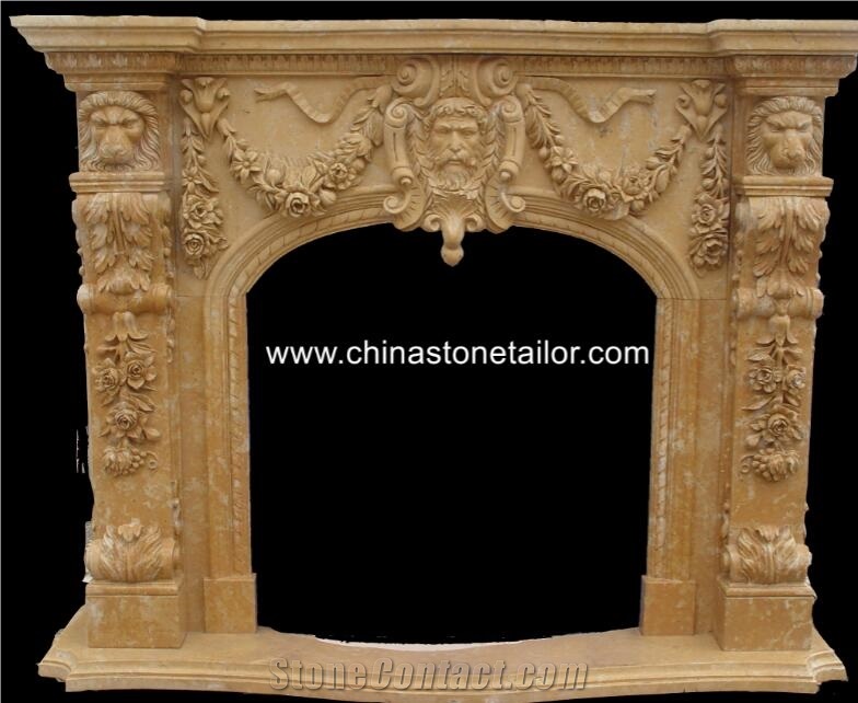 Yellow Marble Fireplace Mantel, Handcarved Flower Sculptured Fireplace
