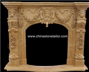 Yellow Marble Fireplace Mantel, Handcarved Flower Sculptured Fireplace