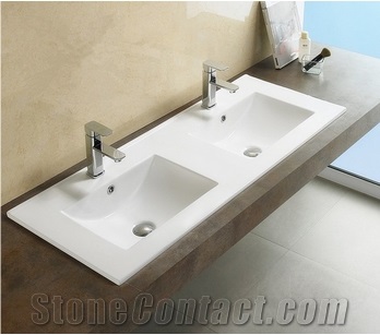 White Ceramic Acrylic Solid Surface Double Hole Wash Hand Basin