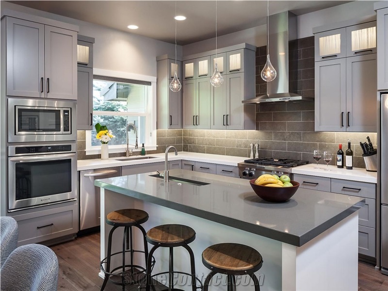 A Quality Manufacturer Pure Grey Quartz Stone Kitchen Bench Tops Solid Surface,Gray Engineered Stone Work Tops Customized Edges with Nsf Sgs