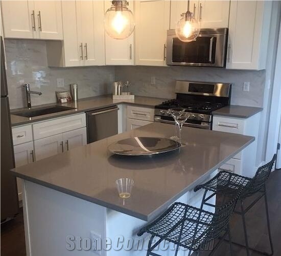 Manufacturer Pure Grey Quartz Stone Kitchen Islands Work Tops Solid Surface,Gray Engineered Stone Bench Tops Customized Edges Top Quality with Certificate
