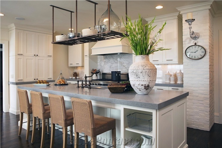 Manufacturer Pure Grey Quartz Stone Kitchen Islands Work Tops Solid Surface,Gray Engineered Stone Bench Tops Customized Edges Top Quality with Certificate