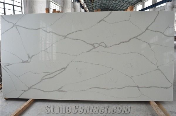 Nsf Sgs Quality Manufacturer Calacatta White Marble Look Quartz Stone Solid Surfaces Polished Slabs & Tiles Engineered Stone Artificial Stone Slabs for Hotel Kitchen,Bathroom Walling Panel Customized 