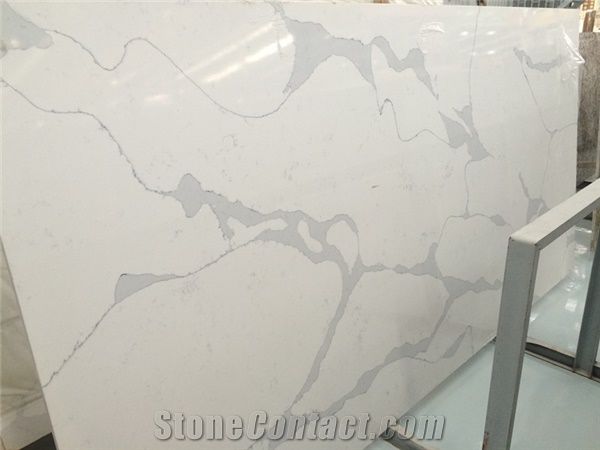 Nsf Sgs Quality Manufacturer Calacatta White Marble Look Quartz Stone Solid Surfaces Polished Slabs & Tiles Engineered Stone Artificial Stone Slabs for Hotel Kitchen,Bathroom Walling Panel Customized 