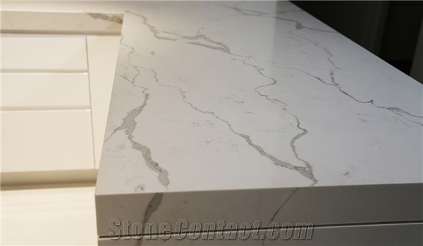 Nsf Sgs Quality Manufacturer Calacatta White Marble Look Quartz Stone Solid Surfaces Polished Slabs & Tiles Engineered Stone Artificial Stone Slabs for Hotel Kitchen,Bathroom Walling Panel Customized 