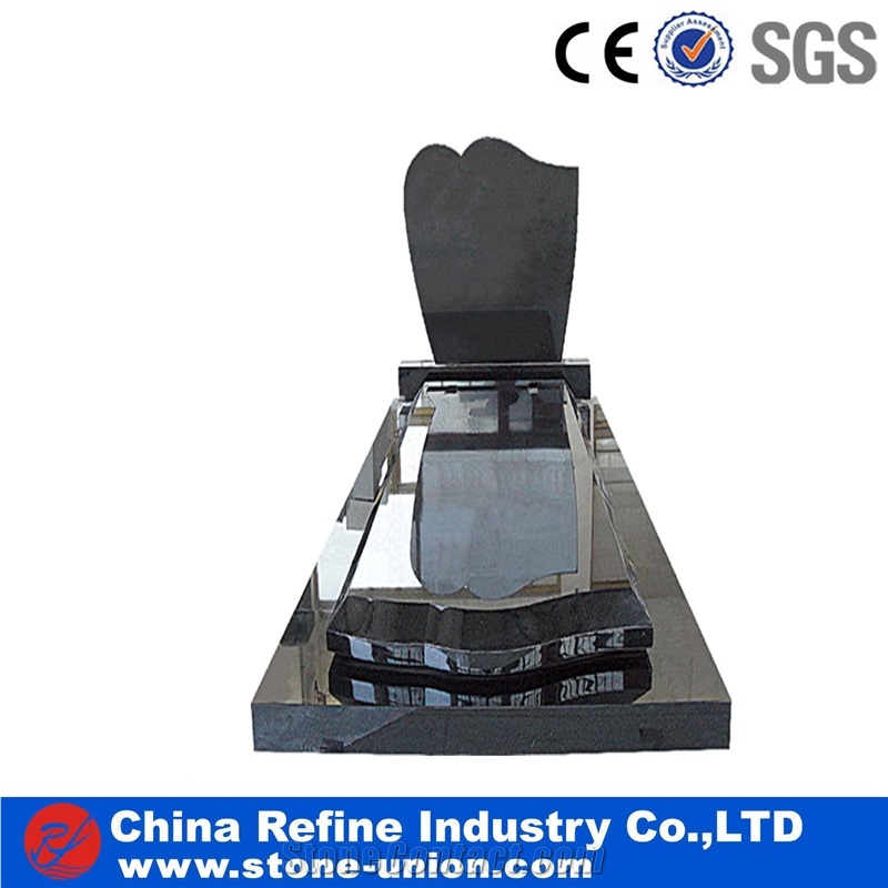 Black Granite European Style Headstone for Cemetery, Carving Single Tombstone Monument Design, Natural Stone Engraved Gravestone