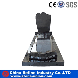 Black Granite European Style Headstone for Cemetery, Carving Single Tombstone Monument Design, Natural Stone Engraved Gravestone