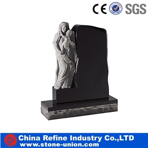 Black Granite European Style Headstone for Cemetery, Carving Single Tombstone Monument Design, Natural Stone Engraved Gravestone