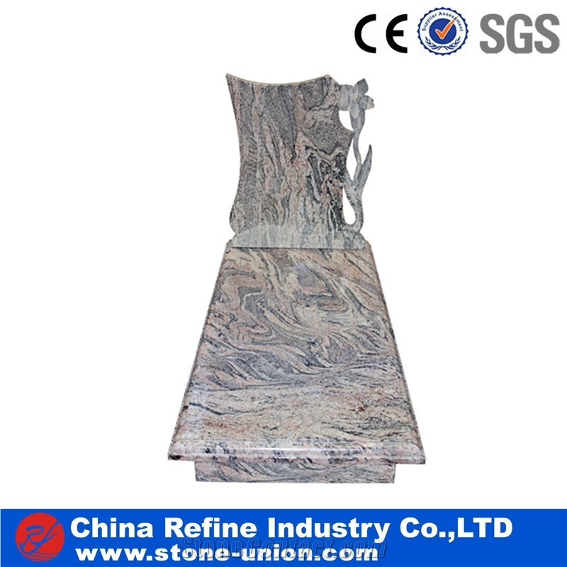 Gery Granite European Style Headstone for Cemetery, Carving Single Tombstone Monument Design, Natural Stone Engraved Gravestone