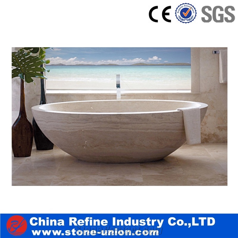 Hand Carved White Beige Travertine Stone Bathtub