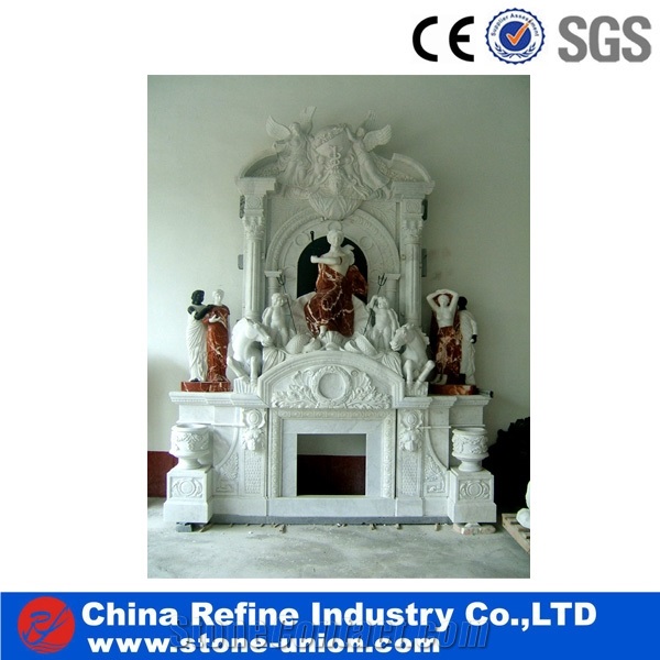 Indoor Elegant White Marble Sculptured Fireplace Surround