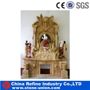 Indoor Elegant White Marble Sculptured Fireplace Surround