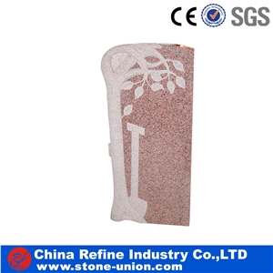 Pink Granite European Style Headstone for Cemetery, Carving Single Tombstone Monument Design, Natural Stone Engraved Gravestone