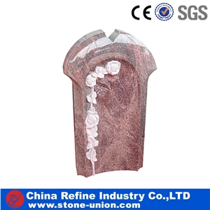 Pink Granite European Style Headstone for Cemetery, Carving Single Tombstone Monument Design, Natural Stone Engraved Gravestone