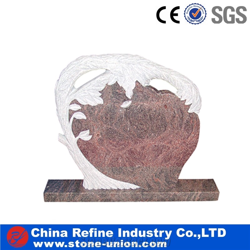 Pink Granite European Style Headstone for Cemetery, Carving Single Tombstone Monument Design, Natural Stone Engraved Gravestone