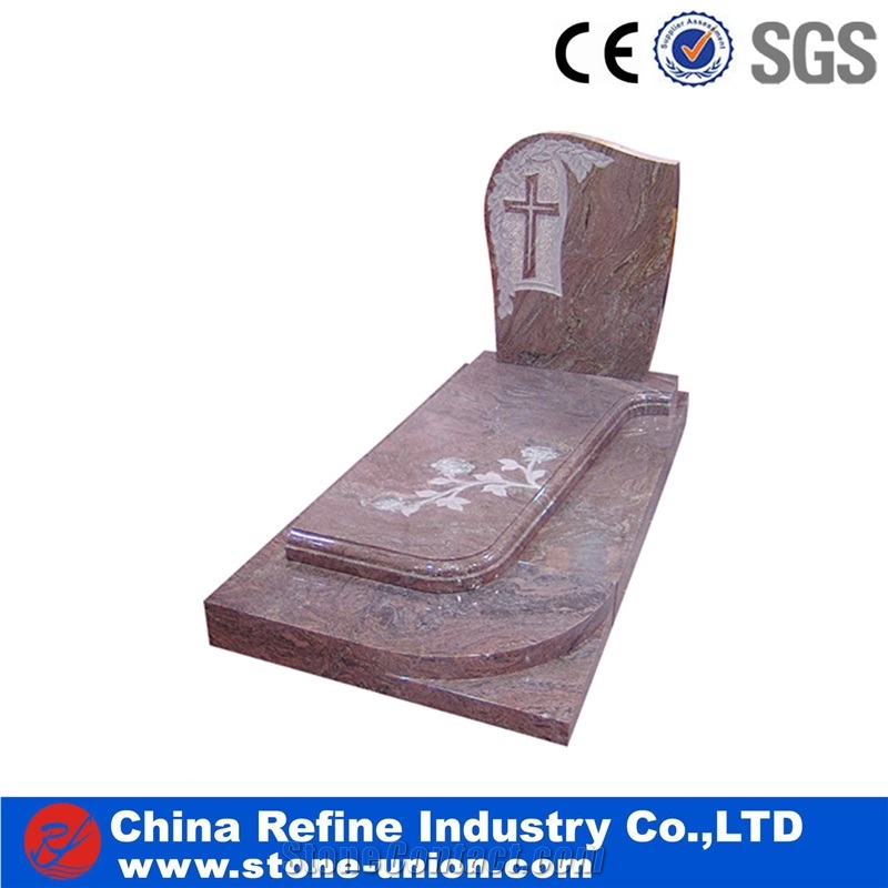 Pink Granite European Style Headstone for Cemetery, Carving Single Tombstone Monument Design, Natural Stone Engraved Gravestone