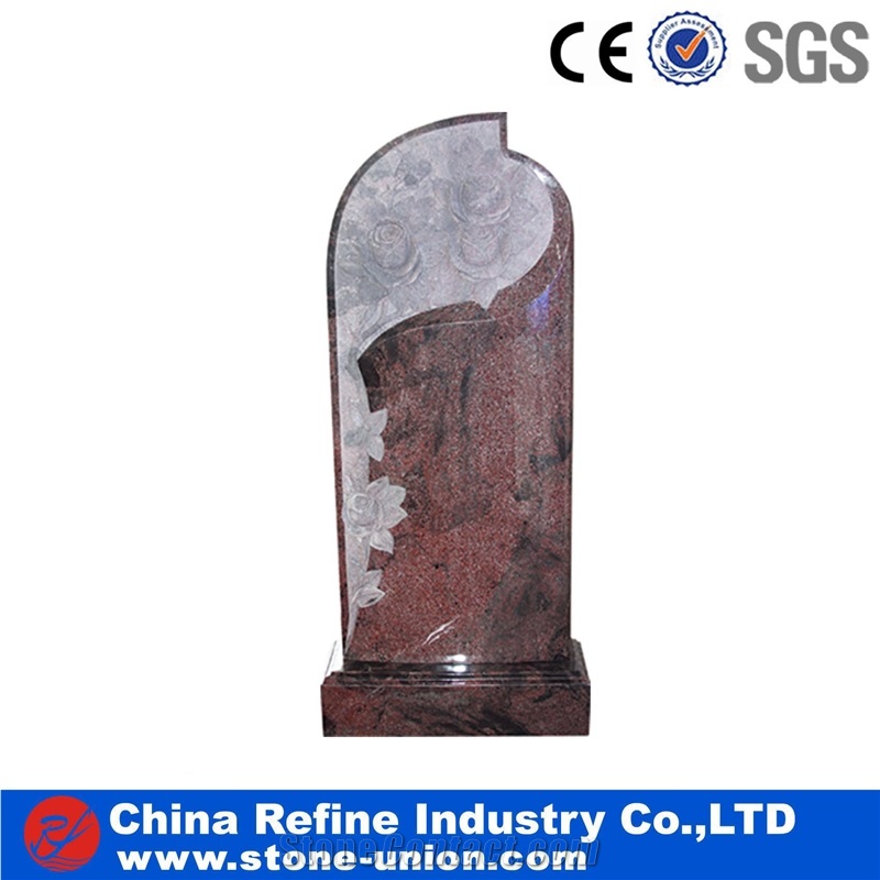 Red Granite European Style Headstone for Cemetery, Carving Single Tombstone Monument Design, Natural Stone Engraved Gravestone