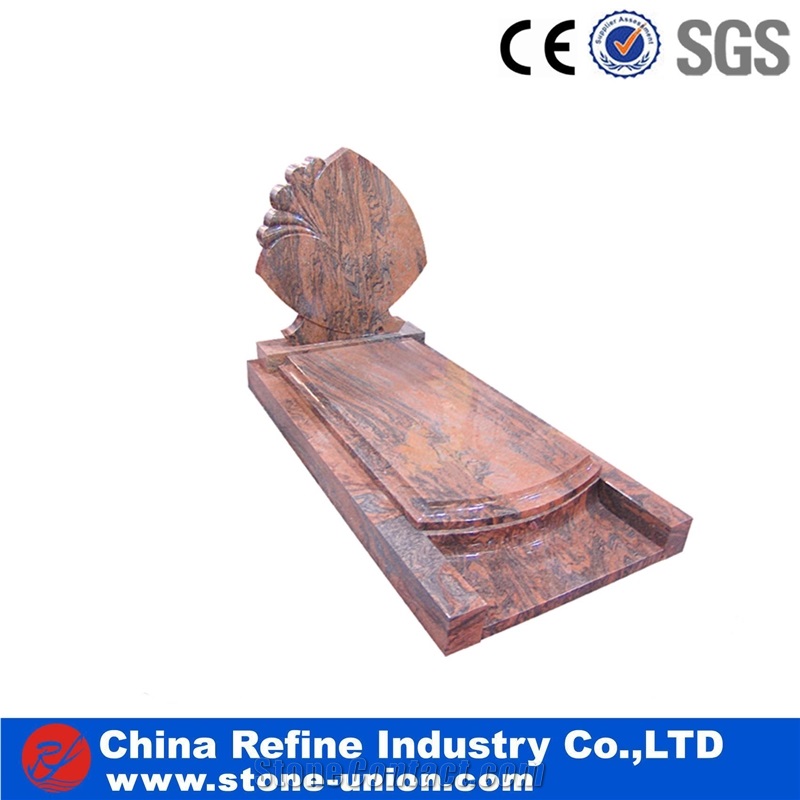Red Granite European Style Headstone for Cemetery, Carving Single Tombstone Monument Design, Natural Stone Engraved Gravestone
