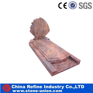 Red Granite European Style Headstone for Cemetery, Carving Single Tombstone Monument Design, Natural Stone Engraved Gravestone