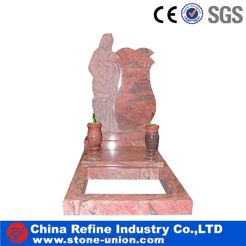 Red Granite European Style Headstone for Cemetery, Carving Single Tombstone Monument Design, Natural Stone Engraved Gravestone