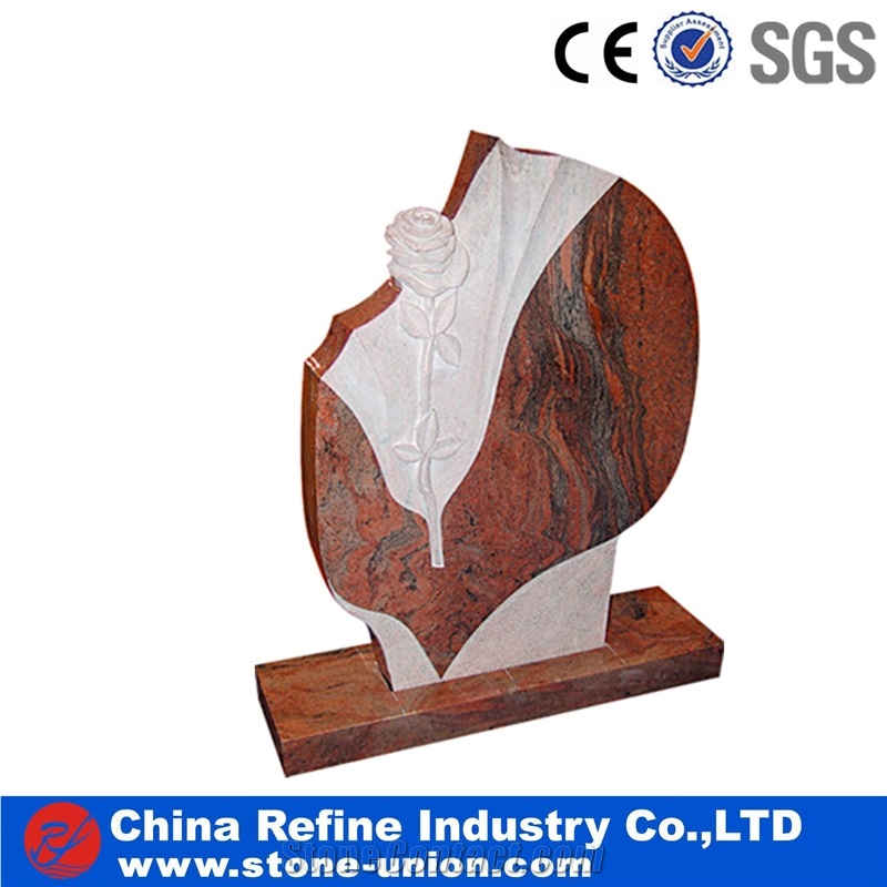 Red Granite European Style Headstone for Cemetery, Carving Single Tombstone Monument Design, Natural Stone Engraved Gravestone