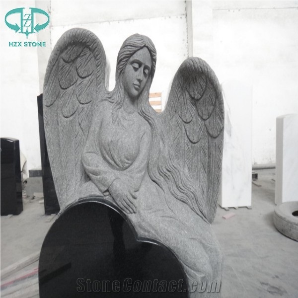 Absolute Black Shanxi Black Granite Angel & Heart Tombstone,Black Granite Monument