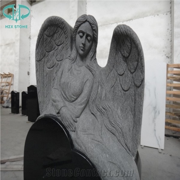 Absolute Black Shanxi Black Granite Angel & Heart Tombstone,Black Granite Monument