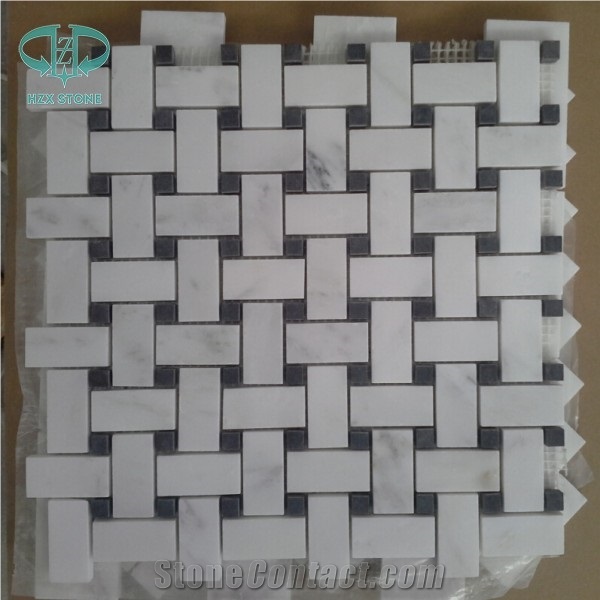 Basket-Wave White Marble Mosaic Tile,Polished Black & White Mosaic for Bathroom