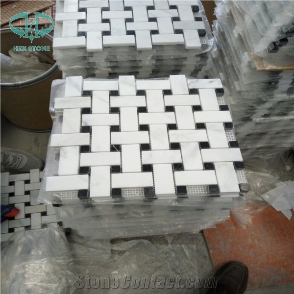 Basket-Wave White Marble Mosaic Tile,Polished Black & White Mosaic for Bathroom