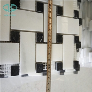 Basket-Wave White Marble Mosaic Tile,Polished Black & White Mosaic for Bathroom