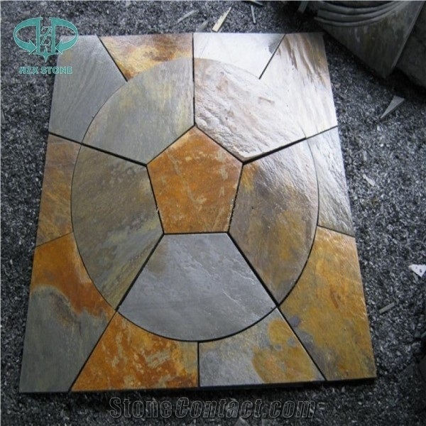 China Slate Circle Pattern Paving, Rustic Slate Floor Tiles, Black Slate Pattern Flooring, Rusty Slate Pattern for Garden, Multicolor Slate