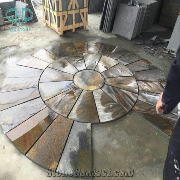 China Slate Circle Pattern Paving, Rustic Slate Floor Tiles, Black Slate Pattern Flooring, Rusty Slate Pattern for Garden, Multicolor Slate
