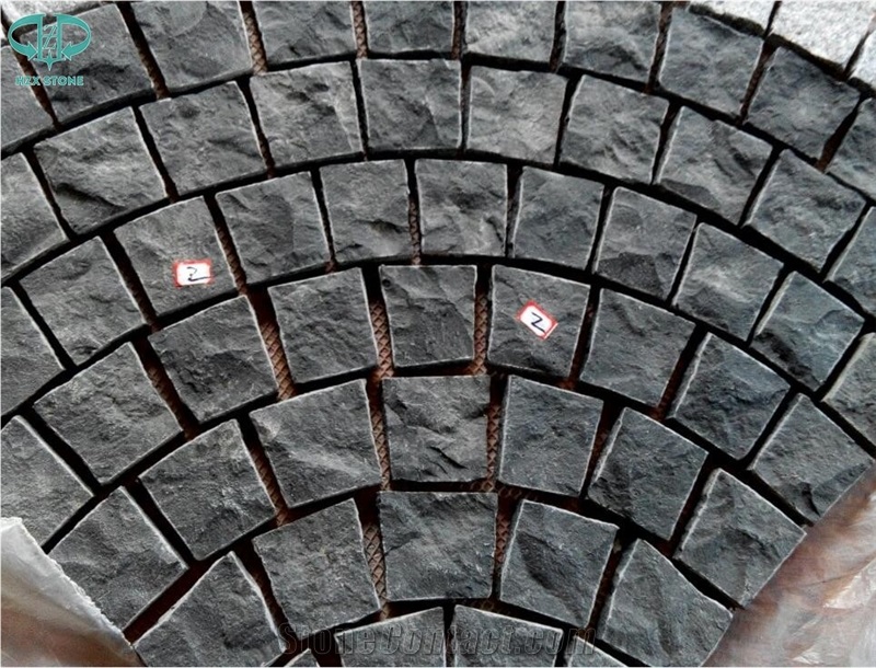 Chinese Zp Black Basalt Fan Pattern Cobble Stone,Basalt Cobble Stone Cube Stone,Paving Sets for Country Yard,Road,Square,Patio,Garden,Driveway