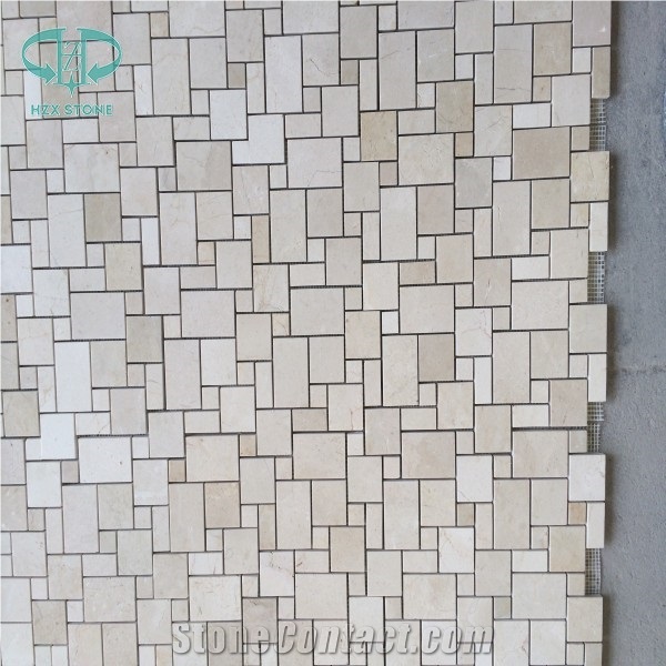 Cream Marfil Marble Mosaic, French Pattern Wall Mosaic, Beige Marble Mosaic Tile