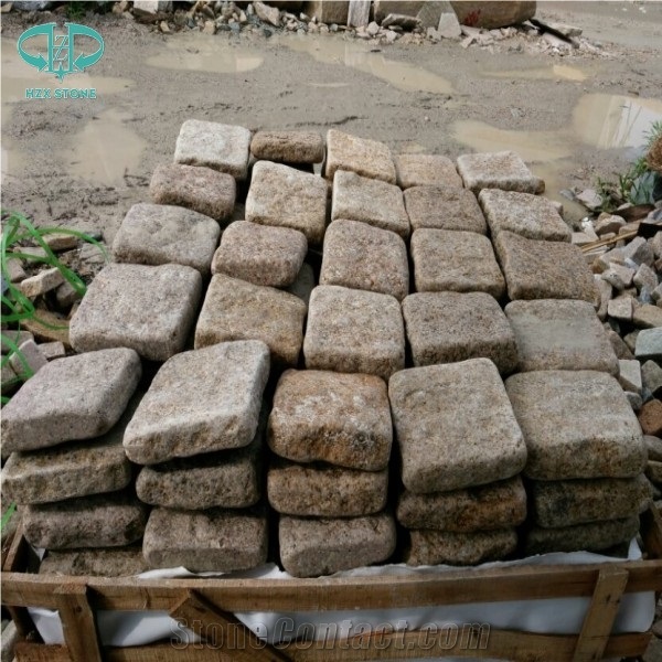 G682 Granite,Misty Rusty Yellow,Giallo Rusty, Desert Gold,Giallo Fantasia,Giallo Ming, Giallo Rustic, Gold Leaf China, Golden Peach, Padang Amarillo Tumbled Natural Flame Cube Paver Pattern Cubestone