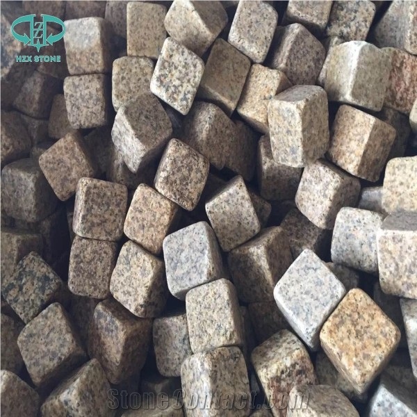 G682 Granite,Misty Rusty Yellow,Giallo Rusty, Desert Gold,Giallo Fantasia,Giallo Ming, Giallo Rustic, Gold Leaf China, Golden Peach, Padang Amarillo Tumbled Natural Flame Cube Paver Pattern Cubestone