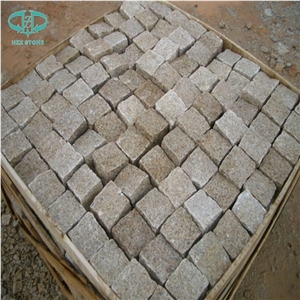 G682 Granite,Misty Rusty Yellow,Giallo Rusty, Desert Gold,Giallo Fantasia,Giallo Ming, Giallo Rustic, Gold Leaf China, Golden Peach, Padang Amarillo Tumbled Natural Flame Cube Paver Pattern Cubestone