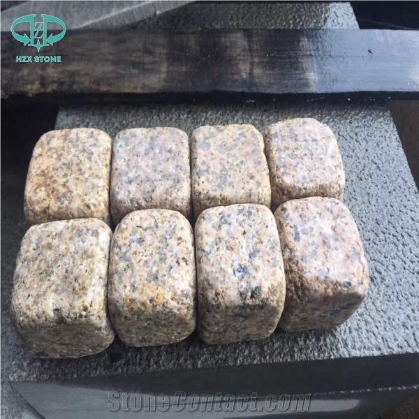 G682 Granite,Misty Rusty Yellow,Giallo Rusty, Desert Gold,Giallo Fantasia,Giallo Ming, Giallo Rustic, Gold Leaf China, Golden Peach, Padang Amarillo Tumbled Natural Flame Cube Paver Pattern Cubestone