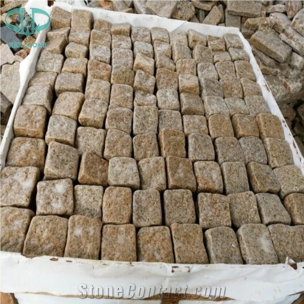G682 Granite Tumbled Cubestone, Rusty Yellow,Sunset Gold, Garden Cobble Stone,Yellow Paving Stone,Granite Walkway Pavers,Cobble Stone,Exterior Cube Stone,Floor Covering, Chinese Yellow Paving Stone