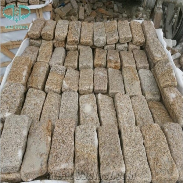 G682 Granite Tumbled Cubestone, Rusty Yellow,Sunset Gold, Garden Cobble Stone,Yellow Paving Stone,Granite Walkway Pavers,Cobble Stone,Exterior Cube Stone,Floor Covering, Chinese Yellow Paving Stone
