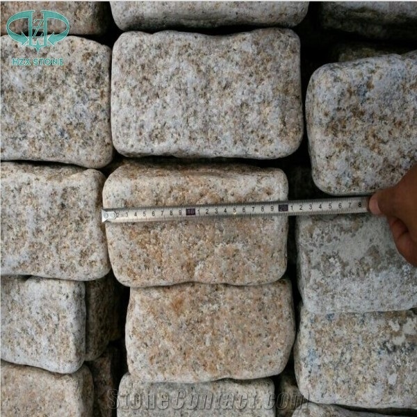 G682 Granite Tumbled Cubestone, Rusty Yellow,Sunset Gold, Garden Cobble Stone,Yellow Paving Stone,Granite Walkway Pavers,Cobble Stone,Exterior Cube Stone,Floor Covering, Chinese Yellow Paving Stone