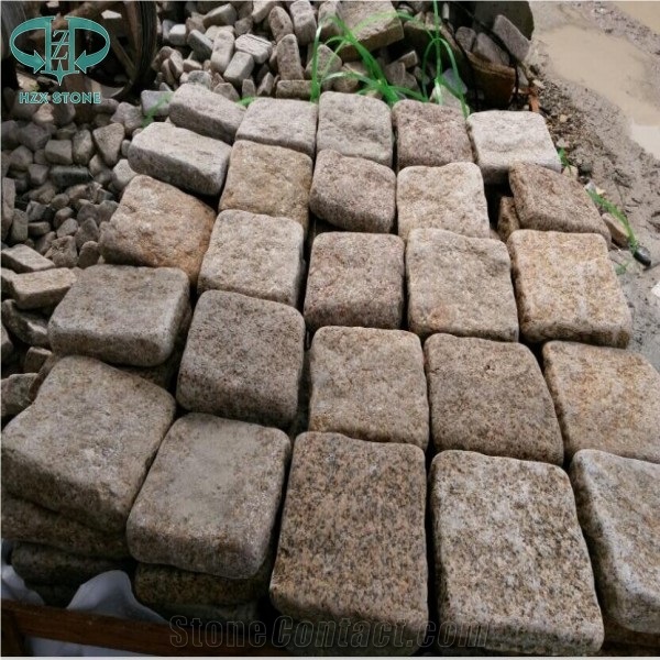 G682 Granite Tumbled Cubestone, Rusty Yellow,Sunset Gold, Garden Cobble Stone,Yellow Paving Stone,Granite Walkway Pavers,Cobble Stone,Exterior Cube Stone,Floor Covering, Chinese Yellow Paving Stone